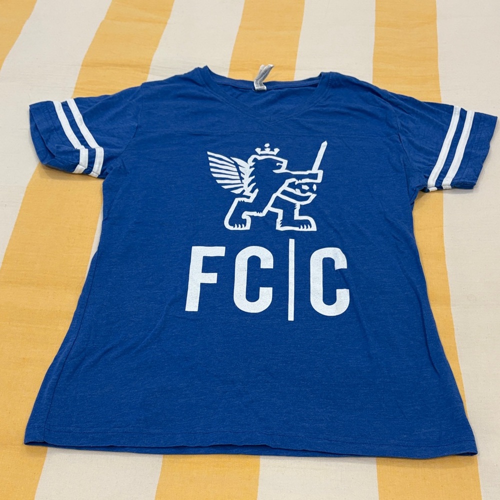 Blue Graphic Women's Tee with White Stripes